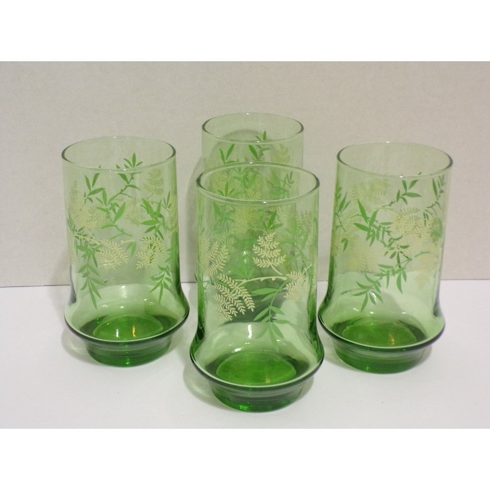 Vintage Libbey MCM Green Water Goblets Glasse Leaf Design 16 oz. Set of 4 1970's
